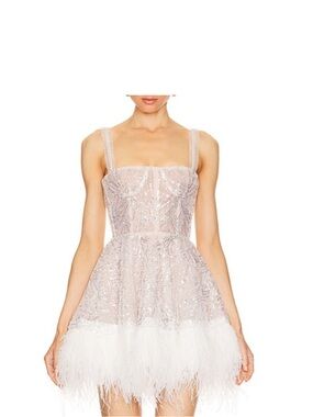 Bronx and Banco Mademoiselle Blush Sequin Mini Dress with Feather Hem Med NWT